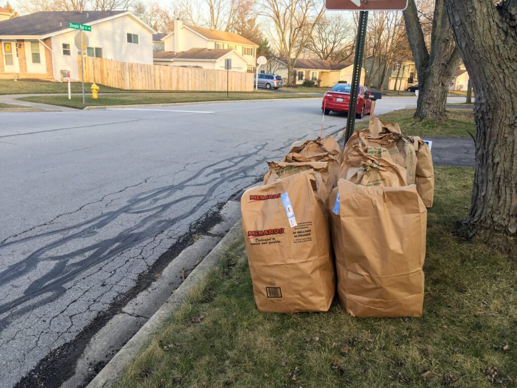 Yard waste collected in paper bags by curb