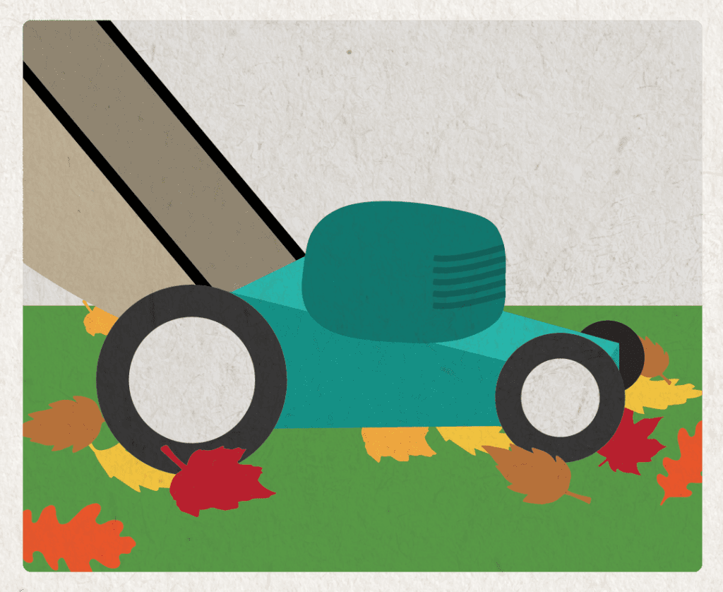 Illustration of mower mulching leaves